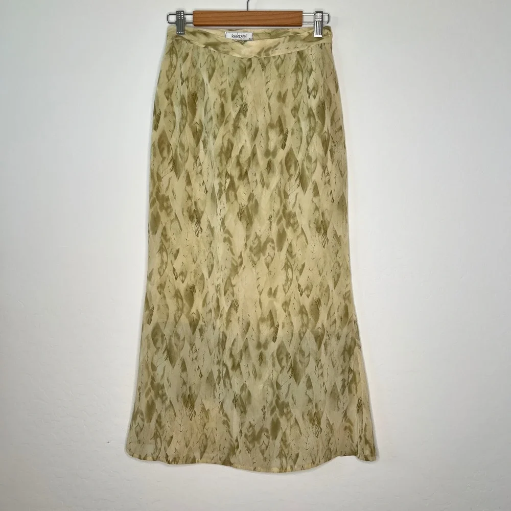 Kenzel Abstract Leaf Print Maxi Skirt Green Tan Lined Side Zip Womens 90s